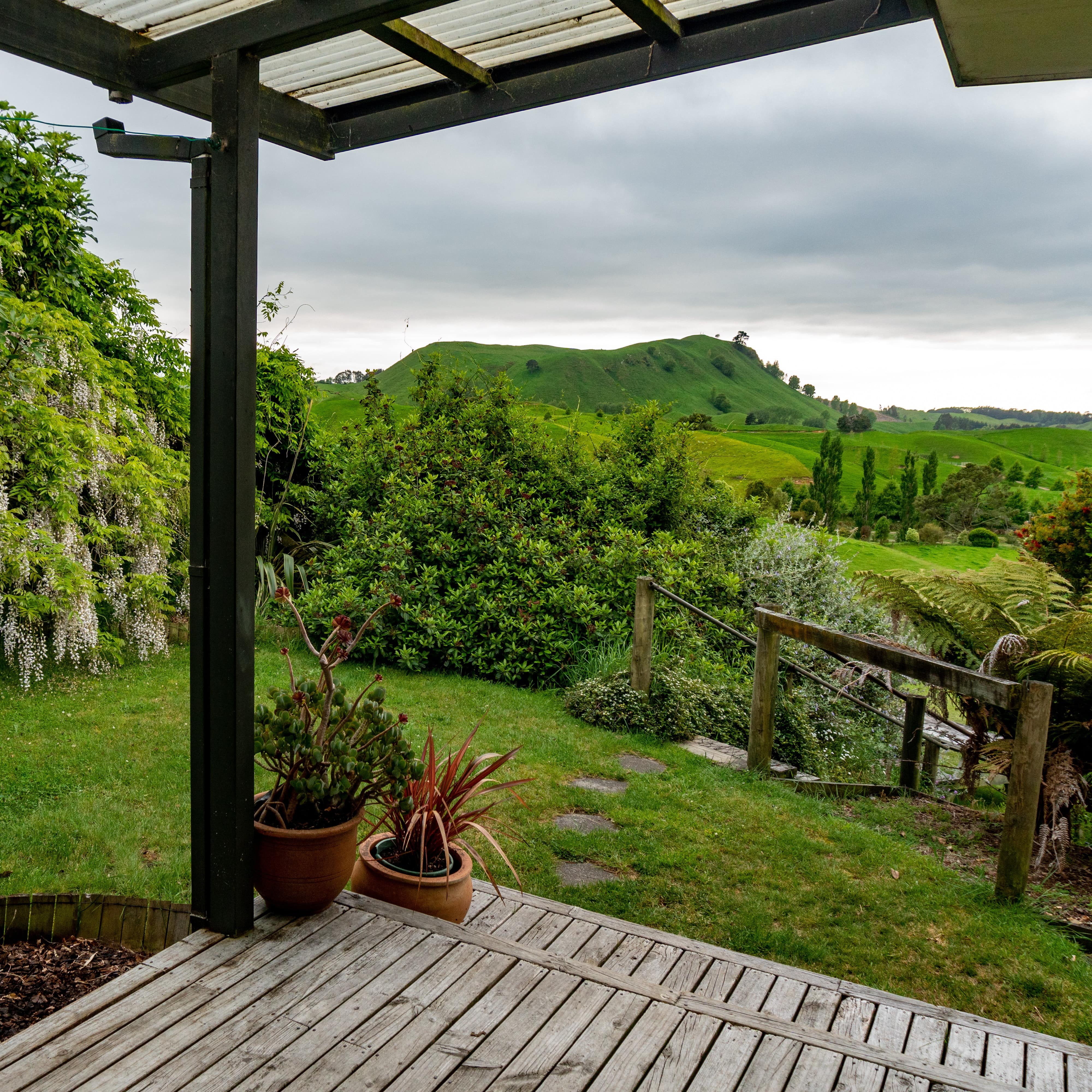 Garden view from front porch cottage near Taupo in New Zealand