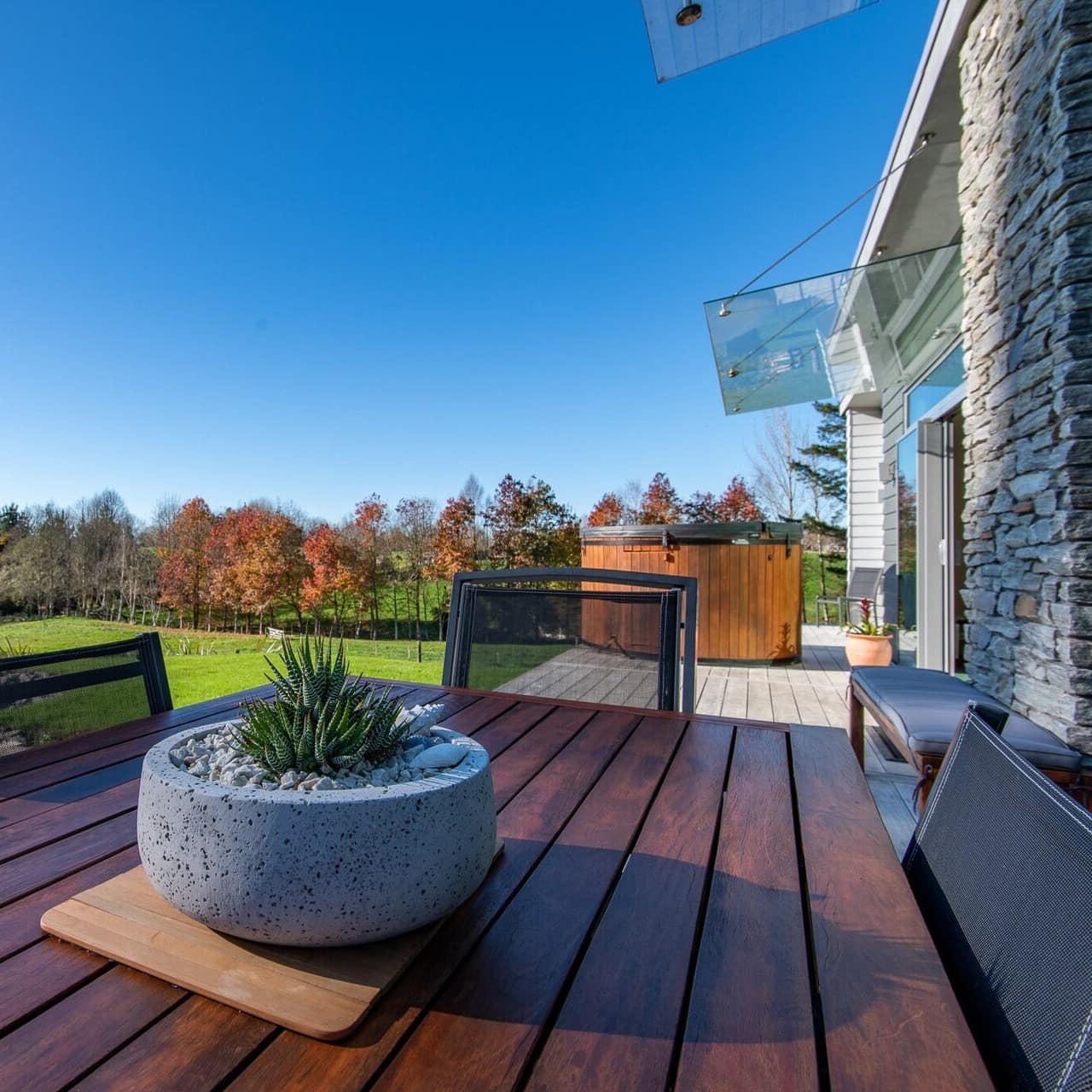 Private home with a view of tree lined hills hot tub on the deck