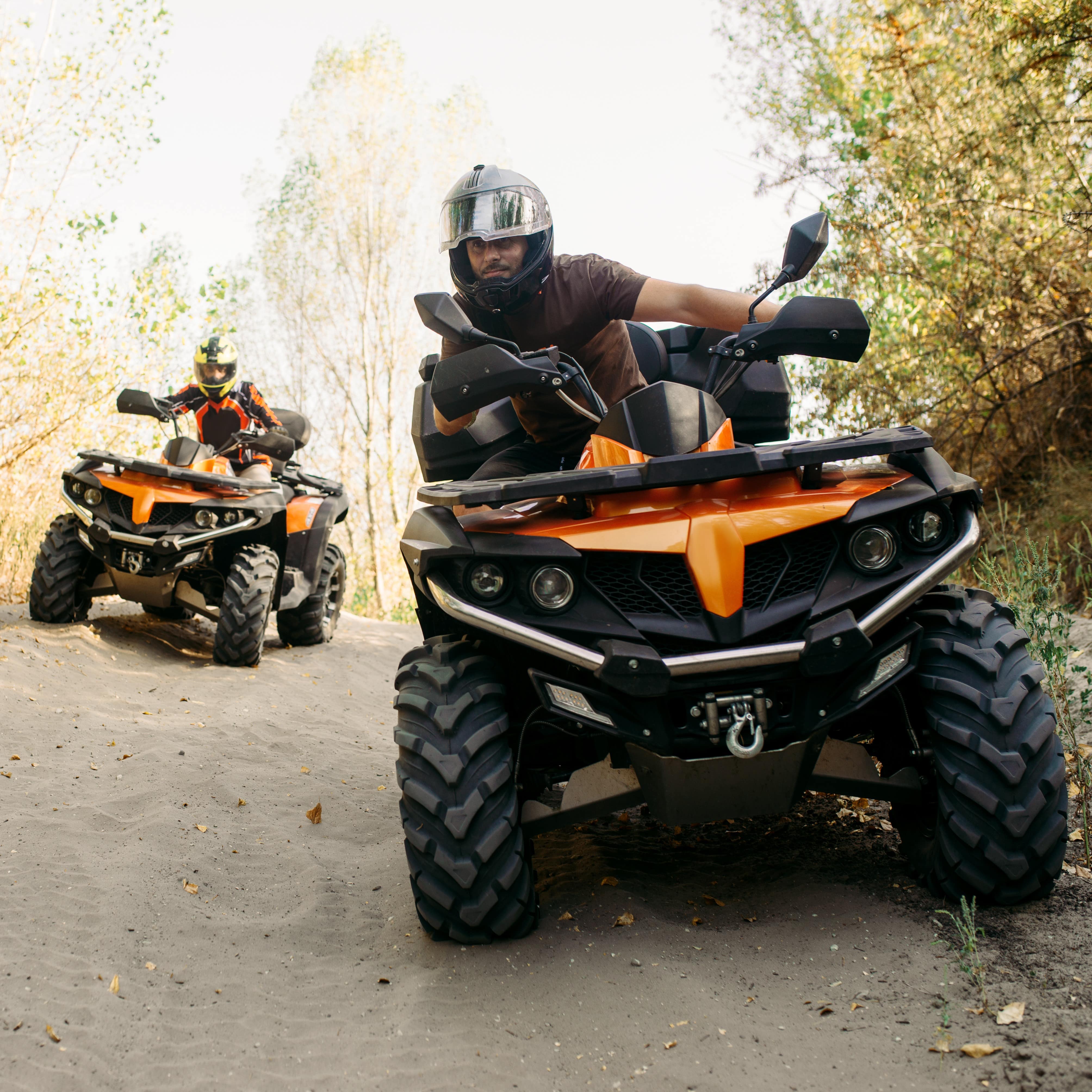 Two quad bikers riding through woods