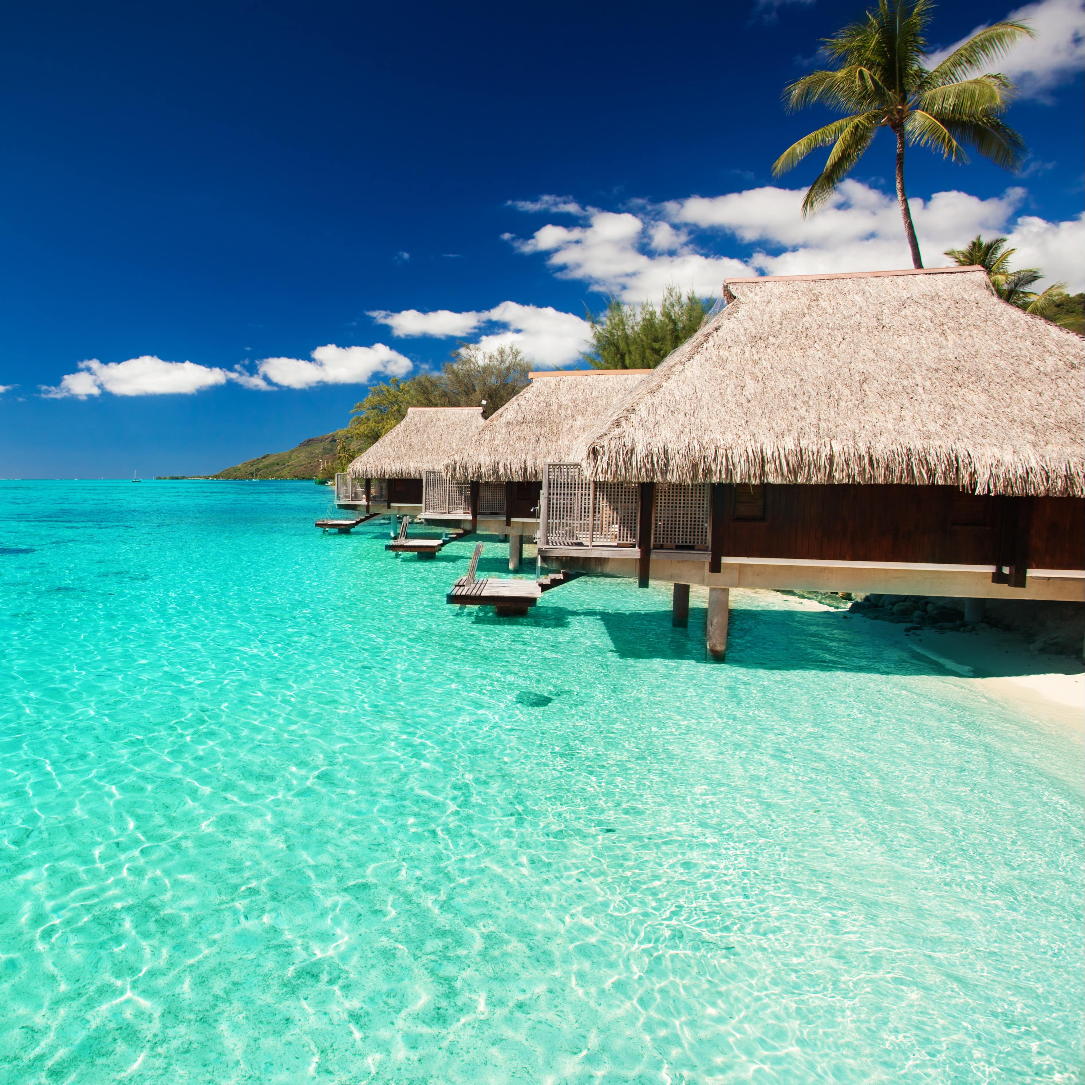 Villas on the tropical beach with steps into water