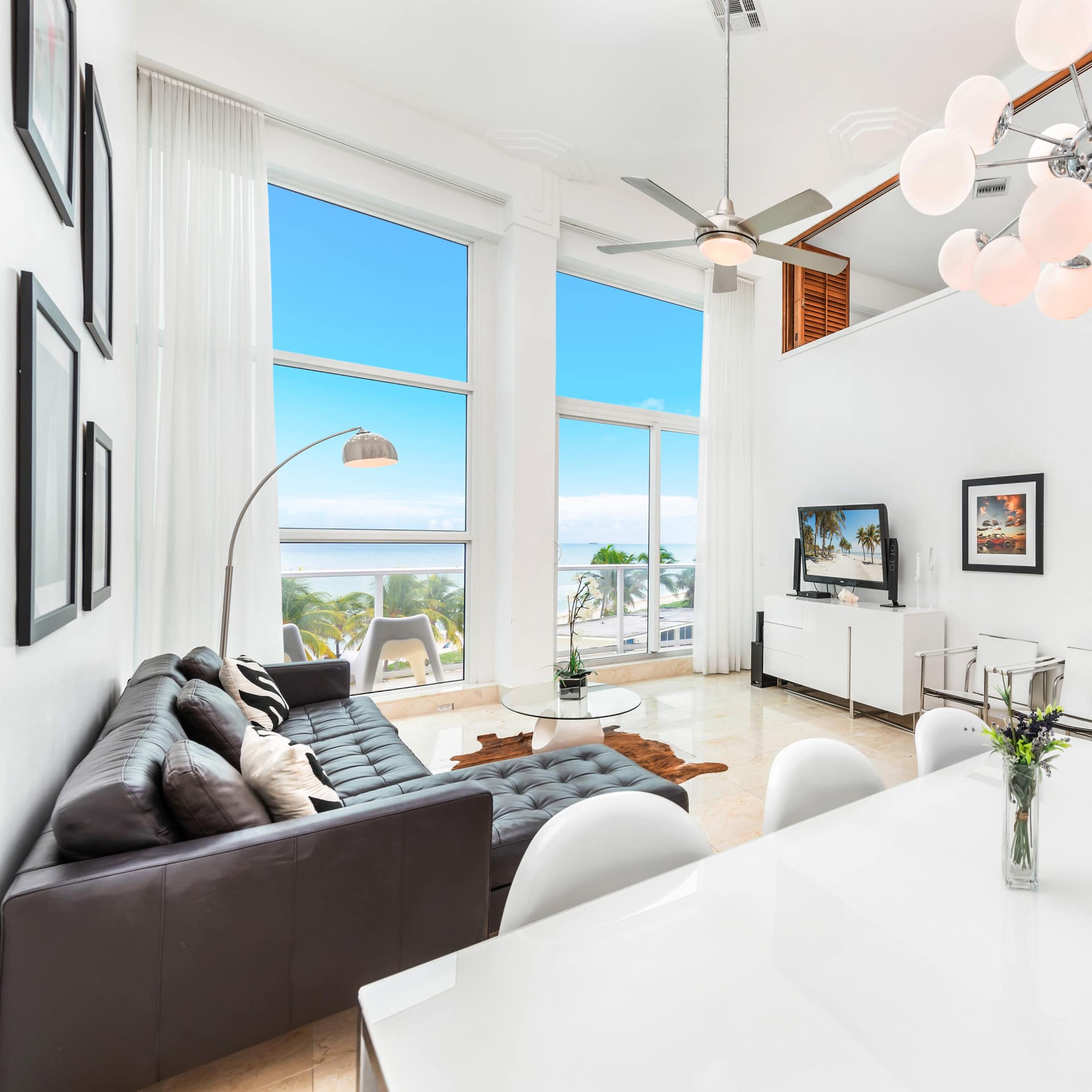The stylish interior of an oceanfront vacation rental in Miami Beach