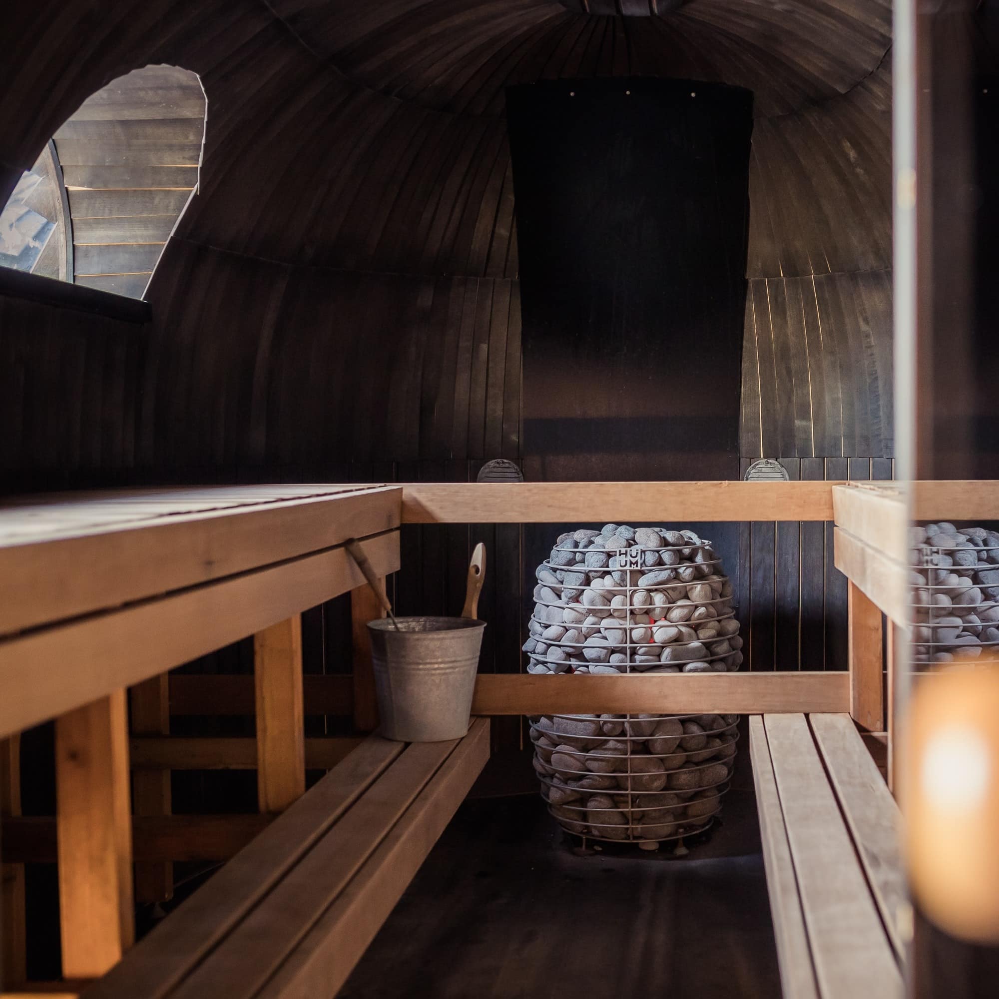 View of the inside of a sauna from the door