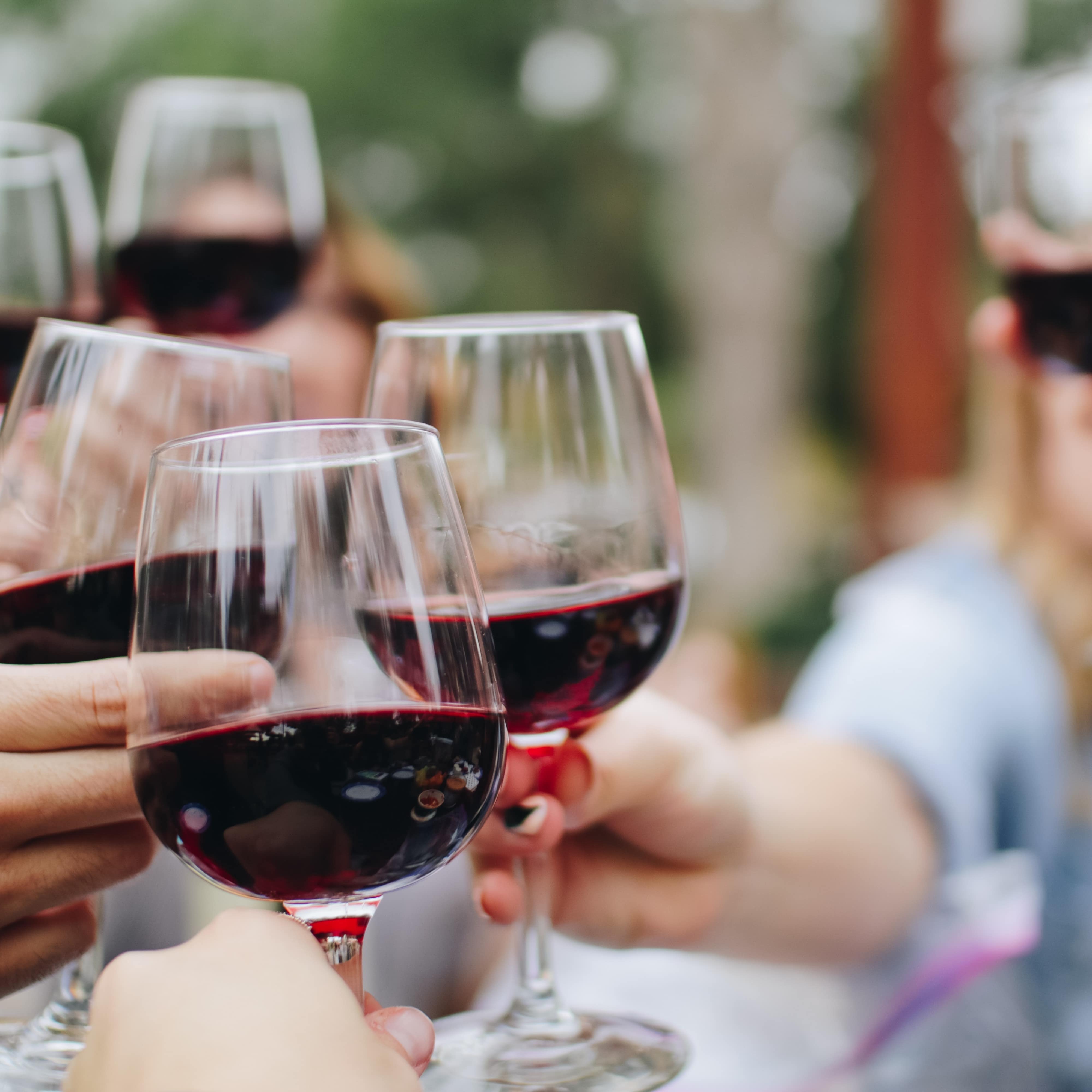 Six people raising wine glasses in a toast