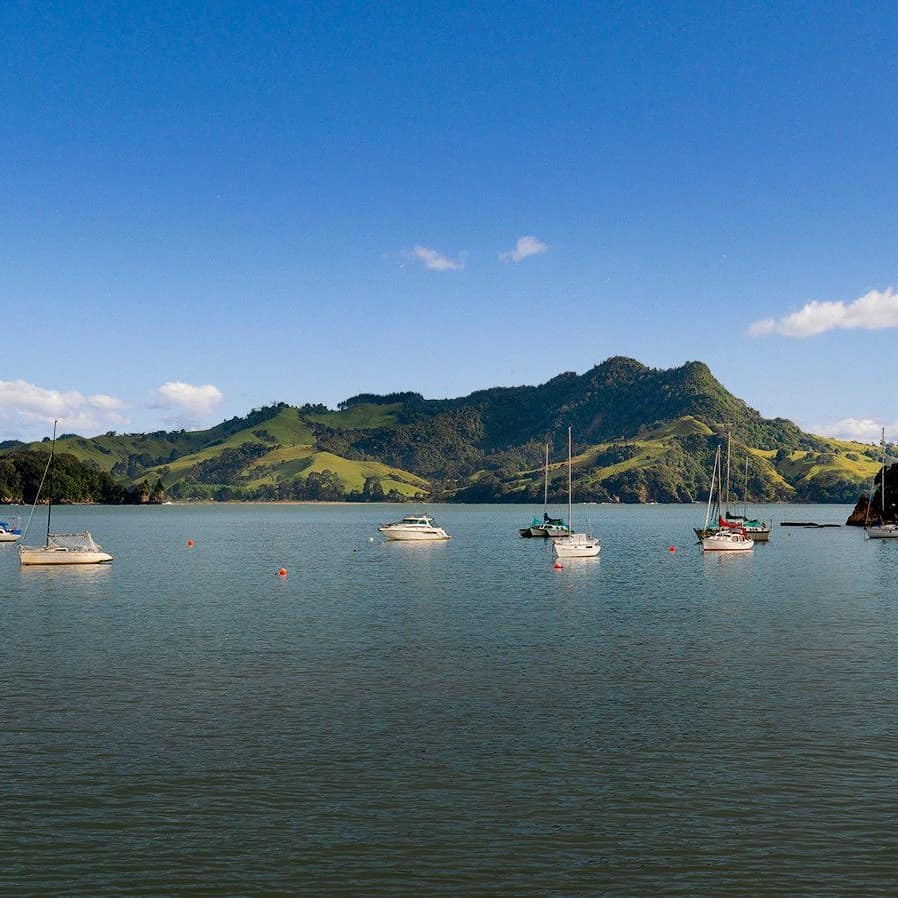 8 boats on Flaxmill Bay at Cooks Beach with hills in the background under a bright blue sky