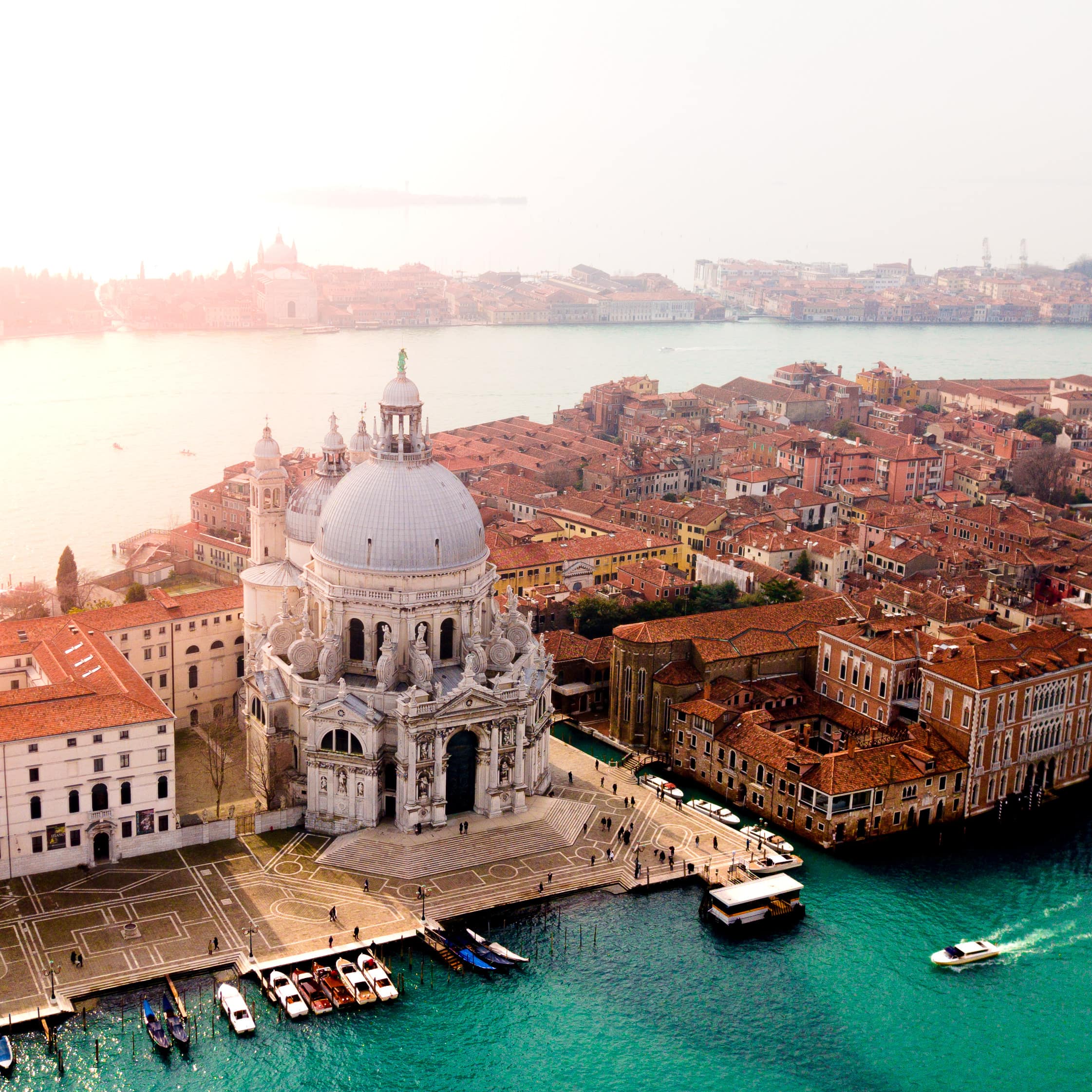 Venice, with the Basilica Santa Maria della Salute and the Giudecca Canal in the foreground and the Grand Canal at the rear