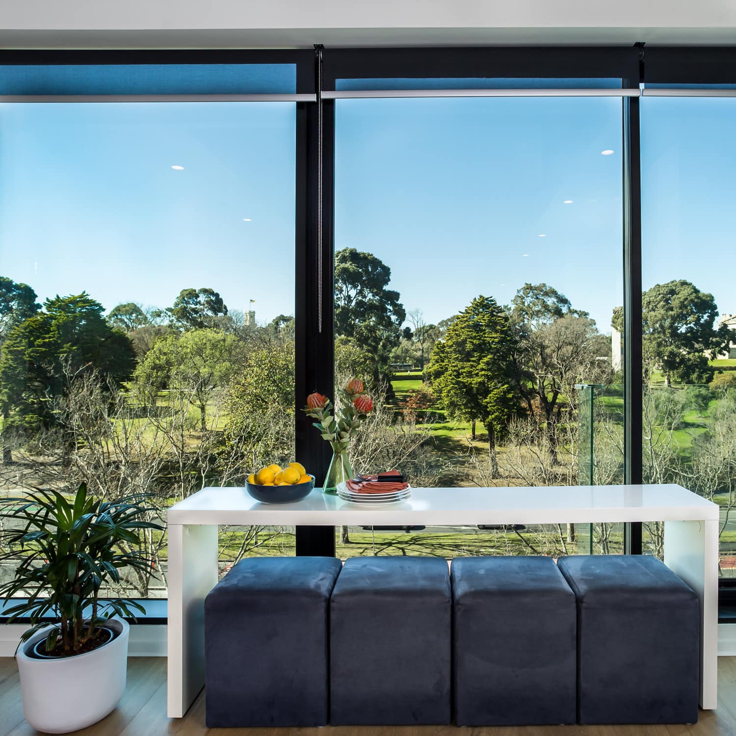 Fabulous view of Royal Botanic Gardens and the Shrine of Remembrance from 1-bedroom Melbourne short stay apartment