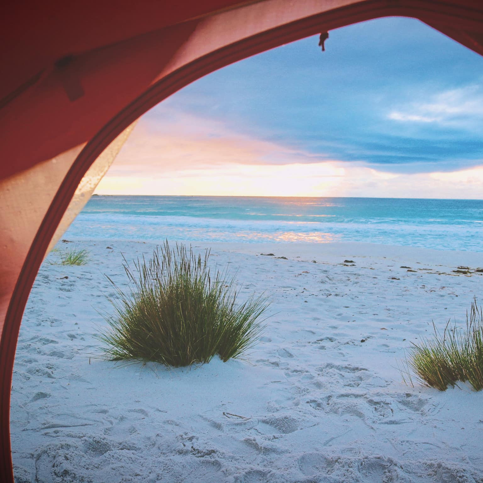 View of an Aussie beach at sunrise from the round opening of a red tent with white sand and beach grass