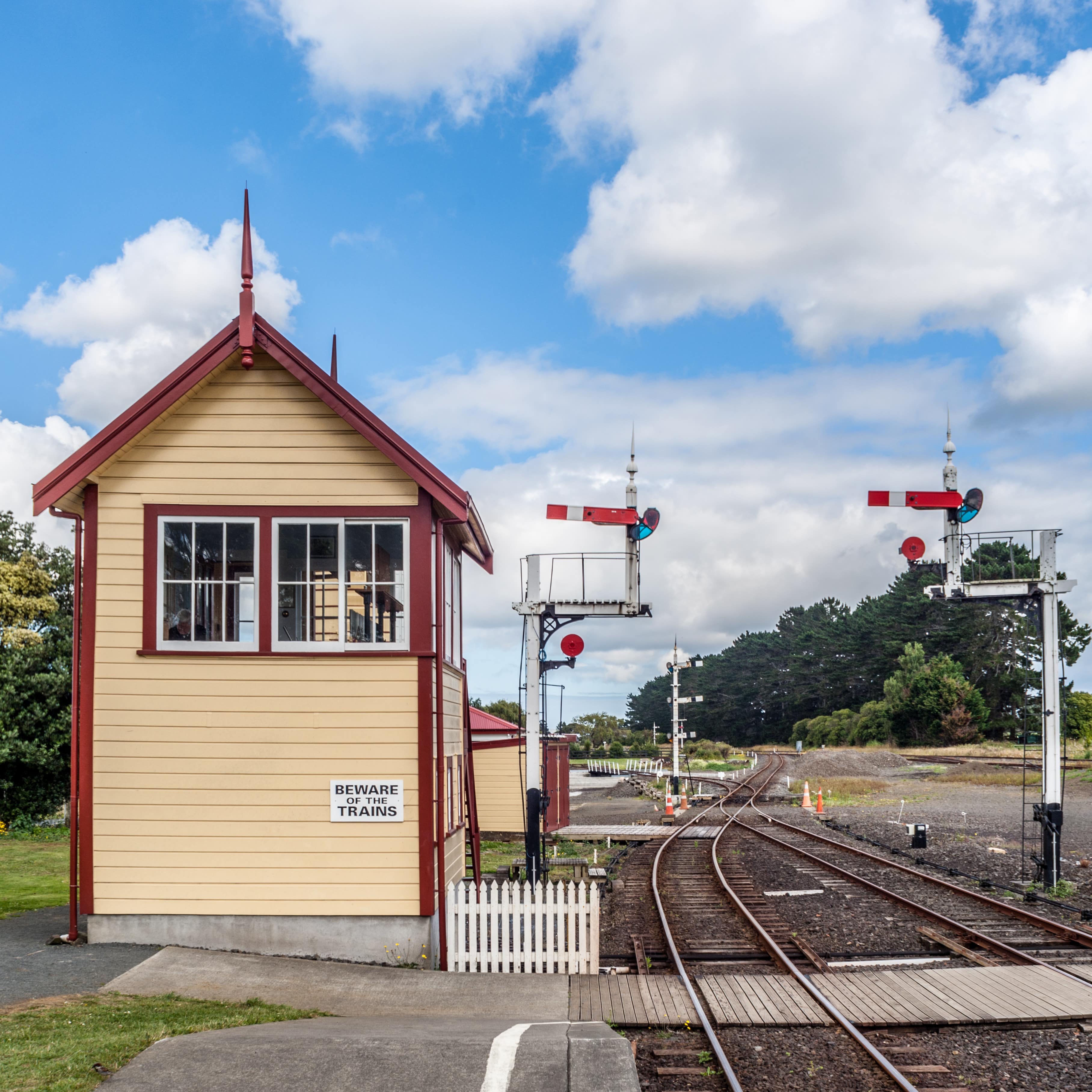 Glenbrook Vintage Railway switch house with tracks and signals