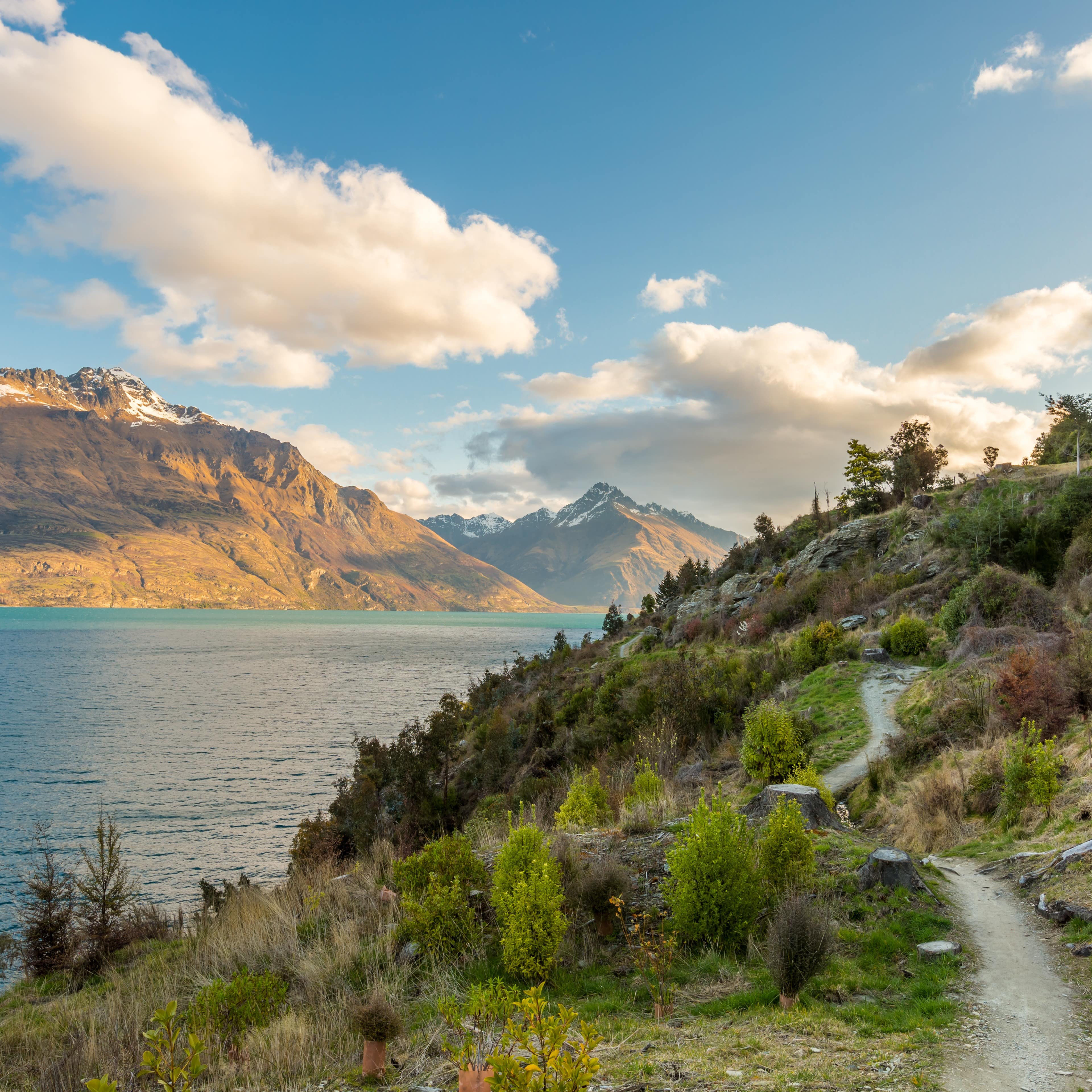 Trail along waters edge with alpine landscape with snow on top of mountain in New Zealand