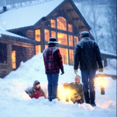 Family playing together in the snow.