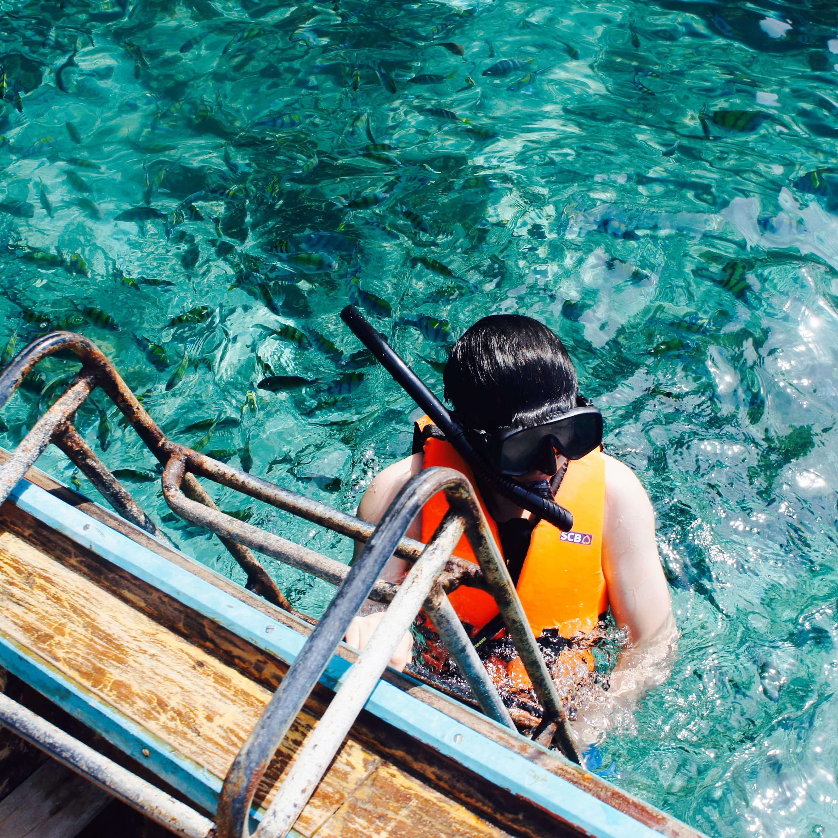 Person with a snorkel holding onto a boat ladder in clear waters with colourful fish