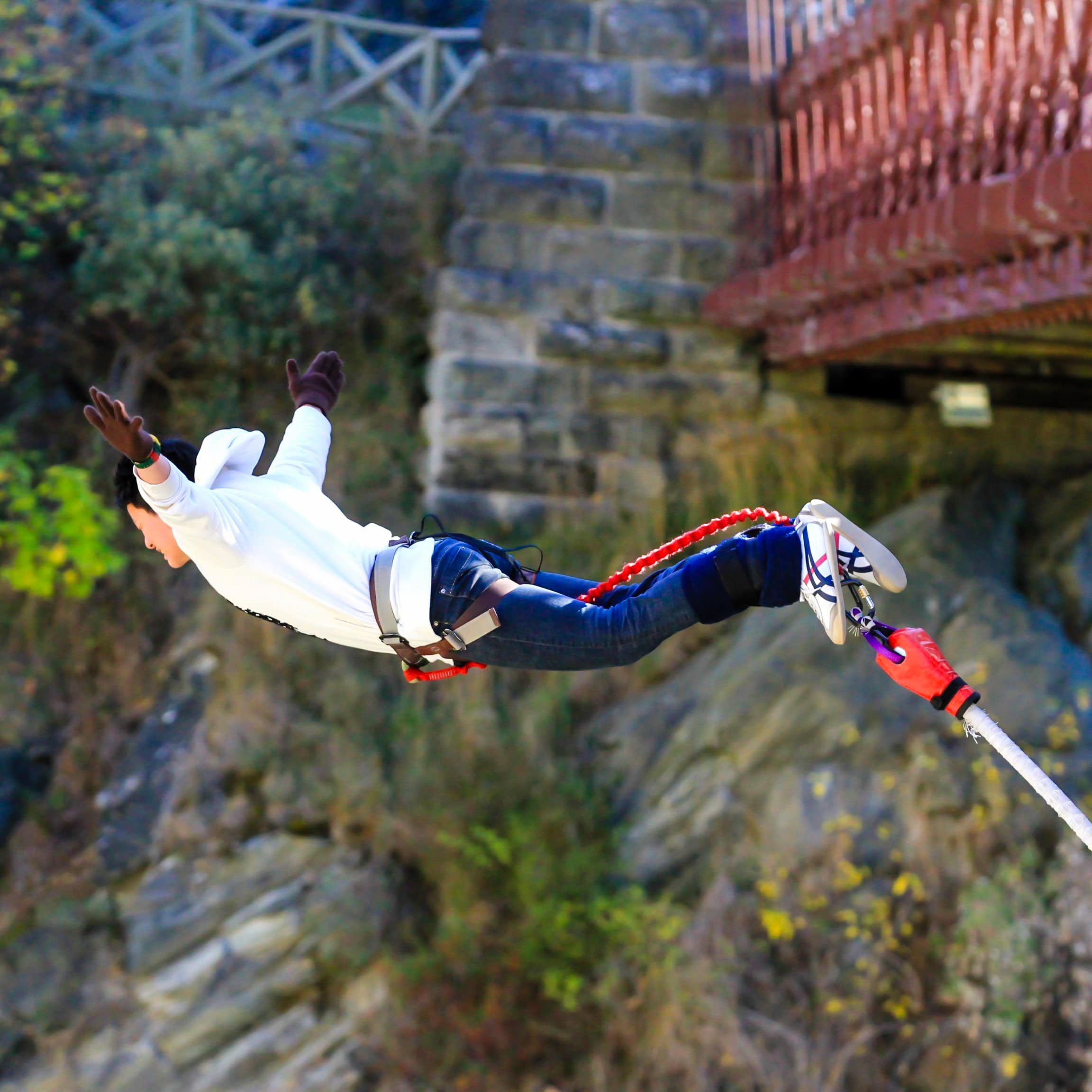 Person bungy jumping from bridge in New Zealand