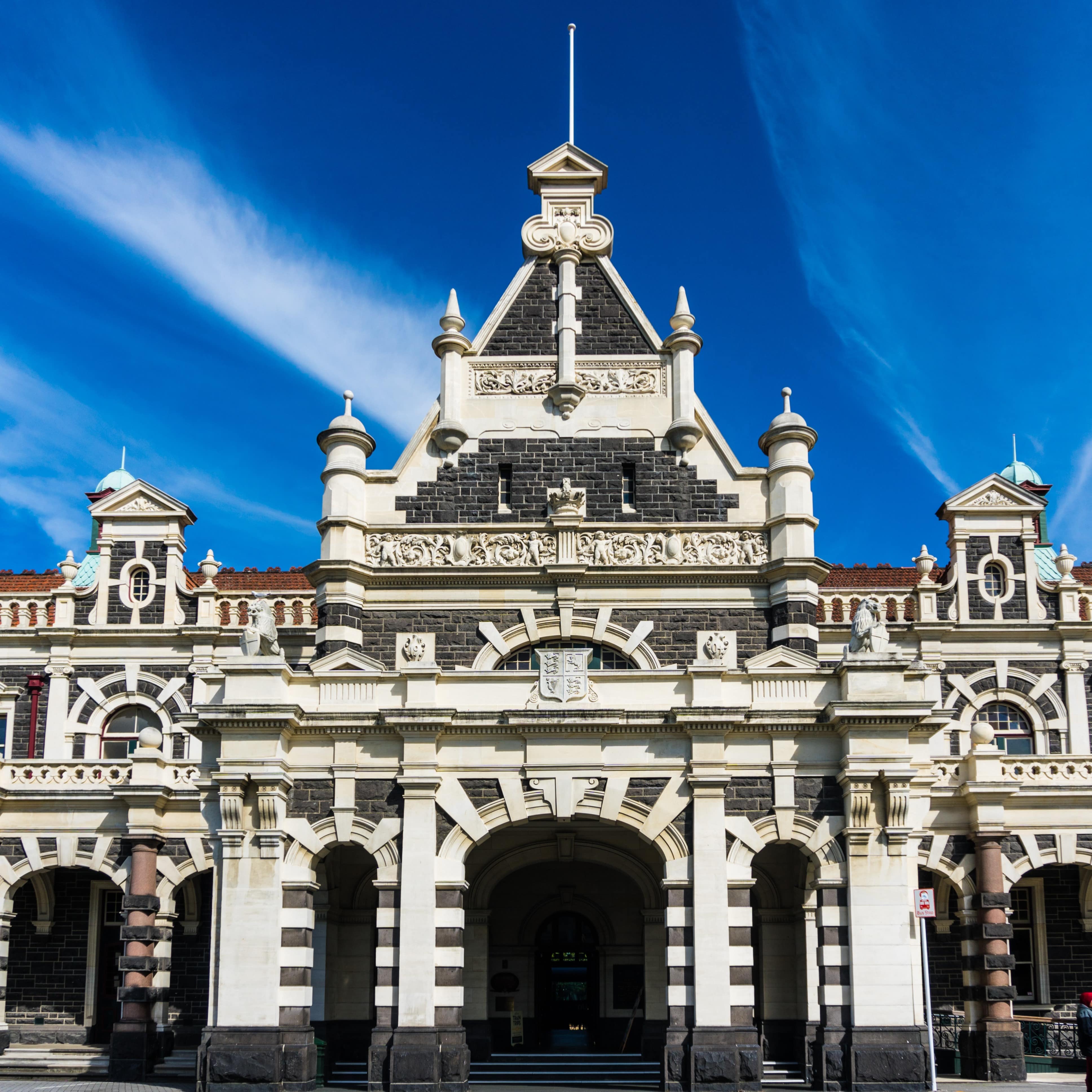 Dunedin Railway Building under a blue sky