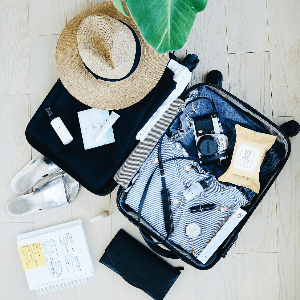 items folded in an open suitcase (pack using all available space)