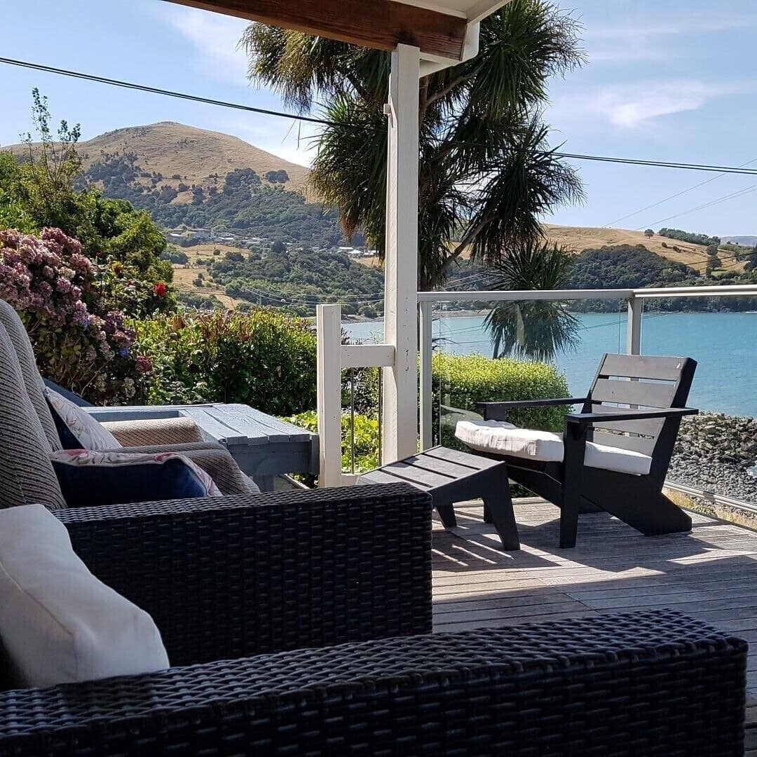 View from the deck of a cottage overlooking Akaroa Harbour