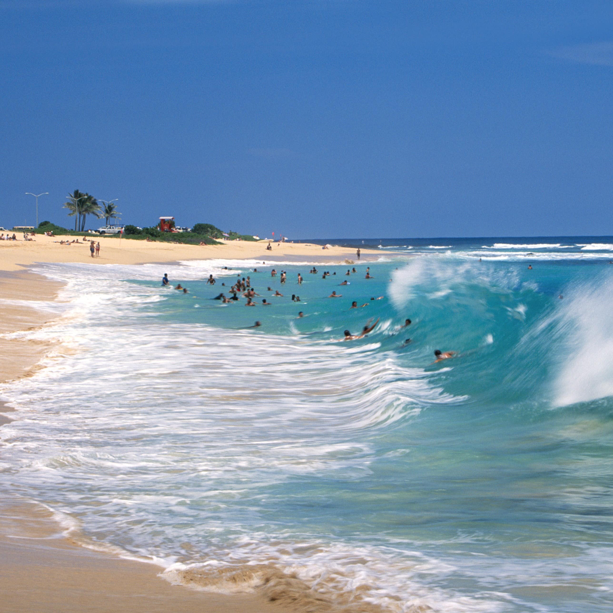 Beach goers enjoying the clear blue water on a sunny day