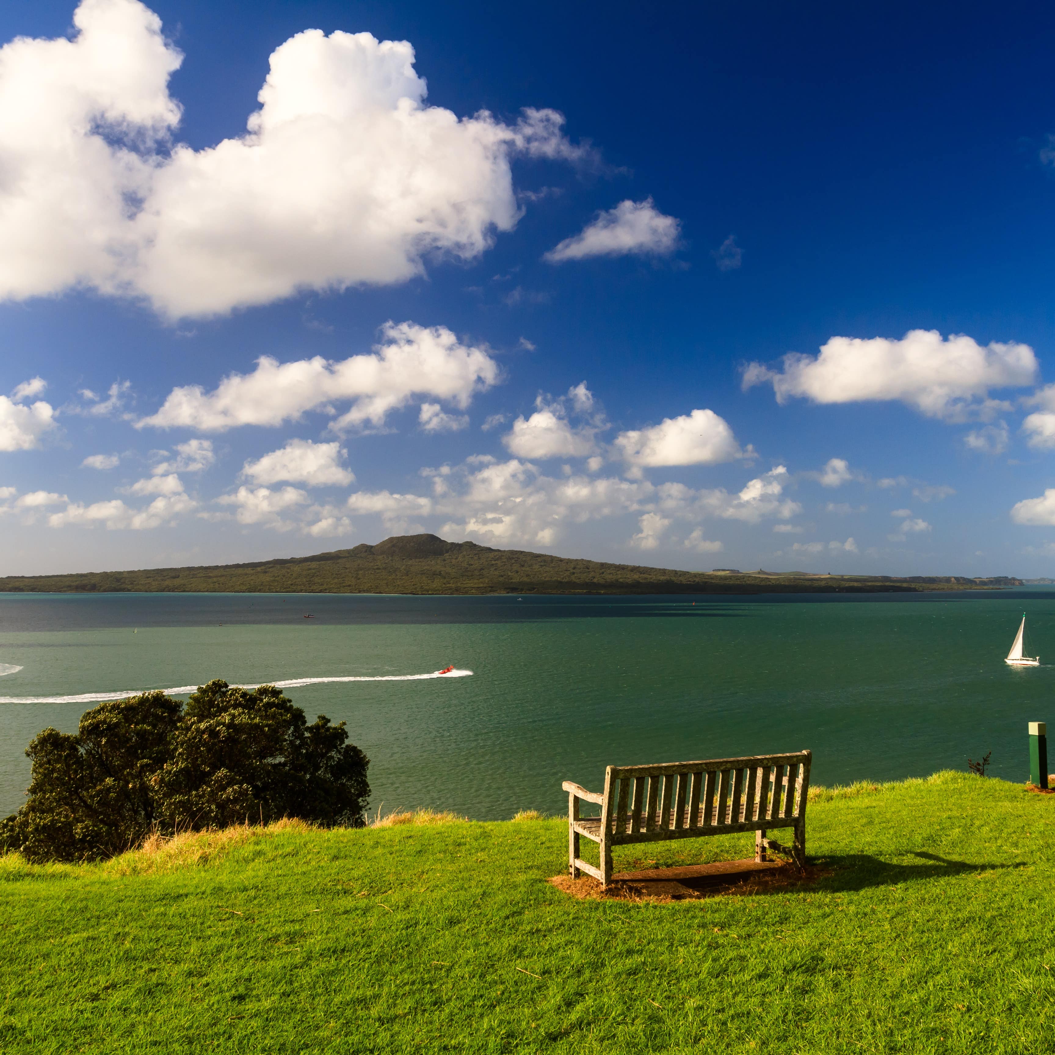 Bench atop a bright green hill looking out over Karaka Bay at Rangitoto Island