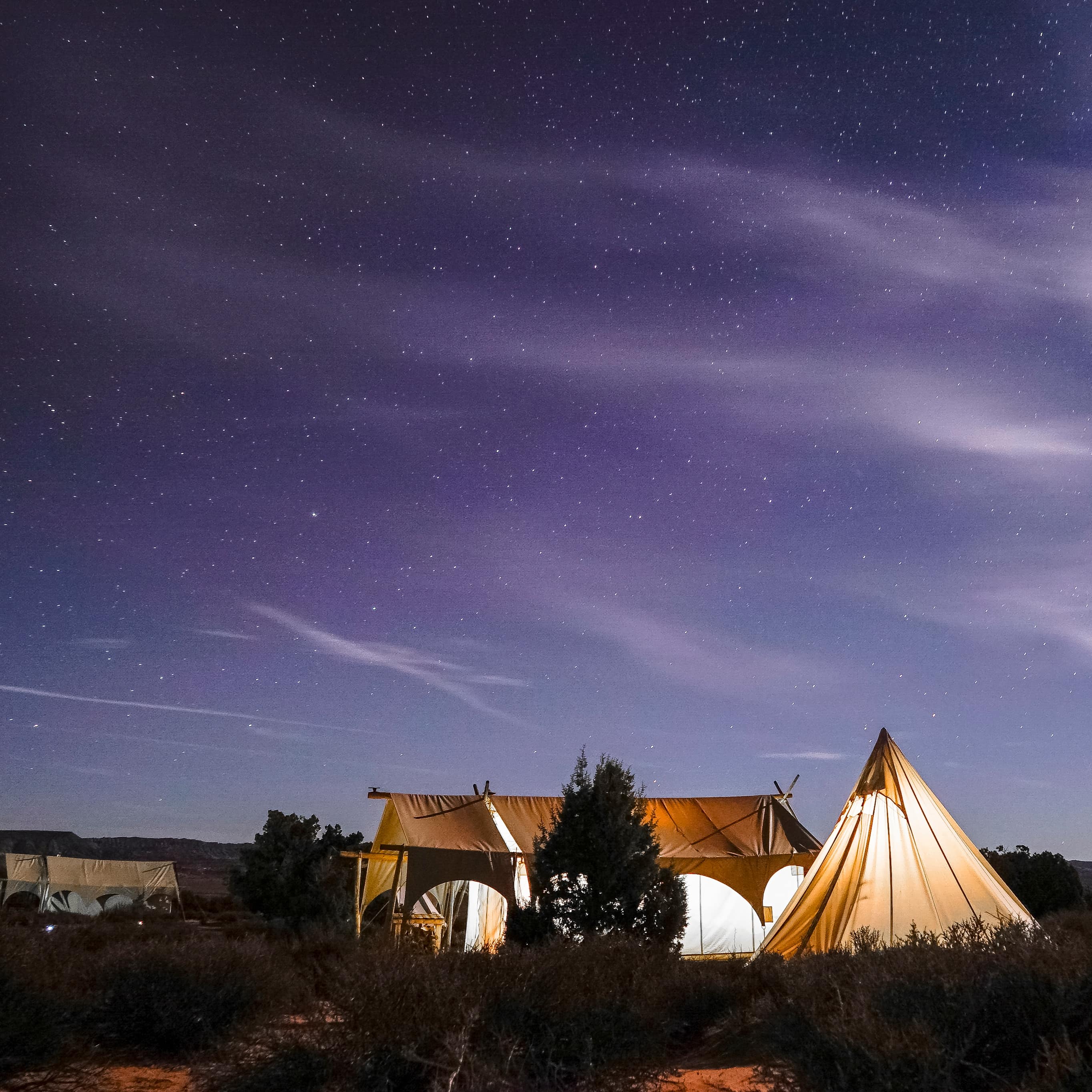 Campers in the bush in deluxe tents and a teepee and a broad starlit evening sky