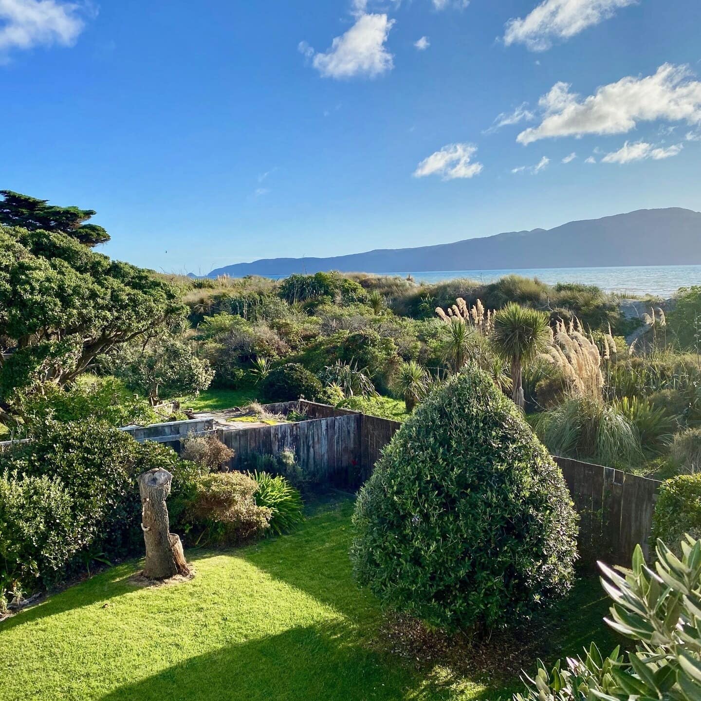 Edge of a balcony and backyard filled with trees and shrubbery overlooking the Kapiti Coast in the background