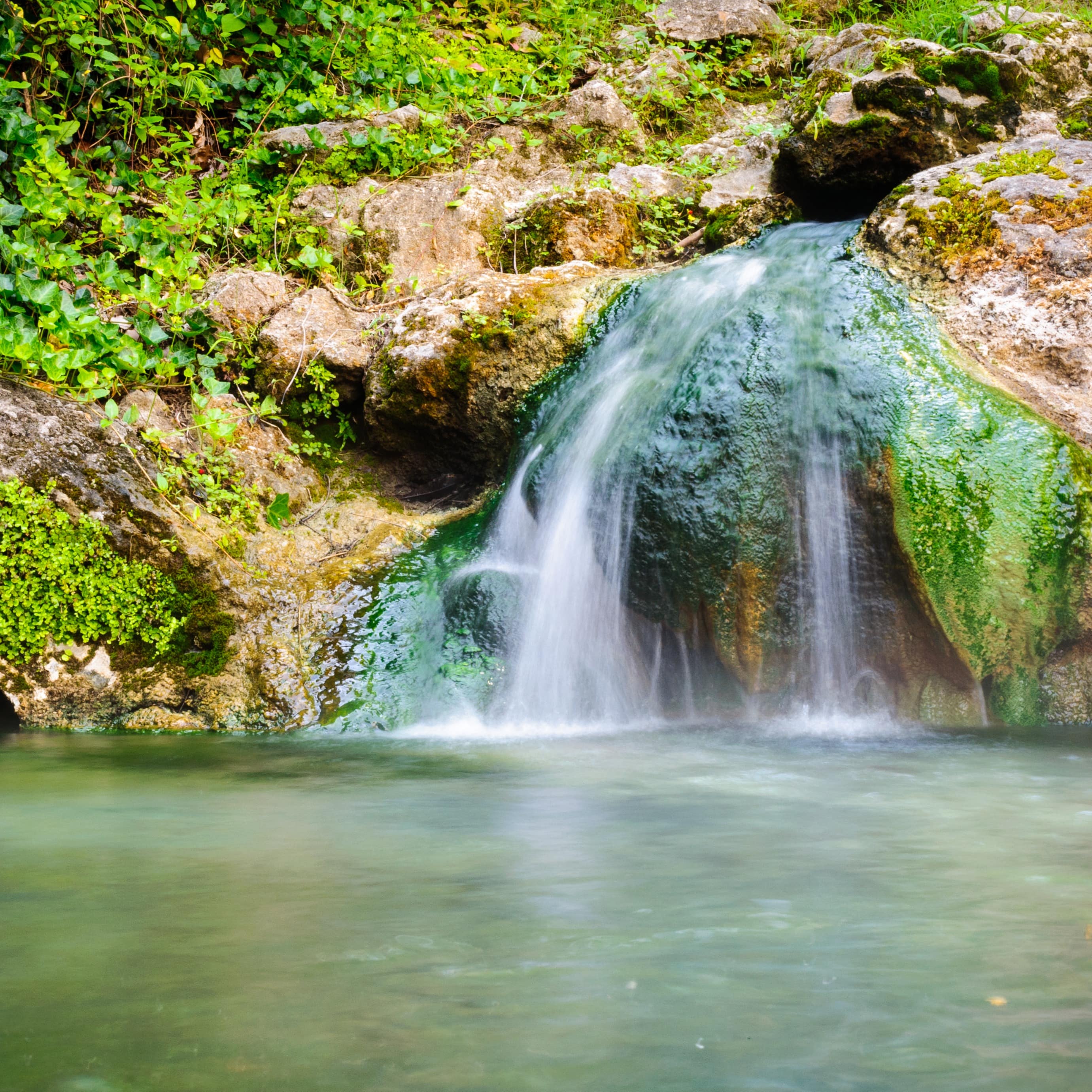A waterfall cascading down a hill into a lake surrounded by greenery.